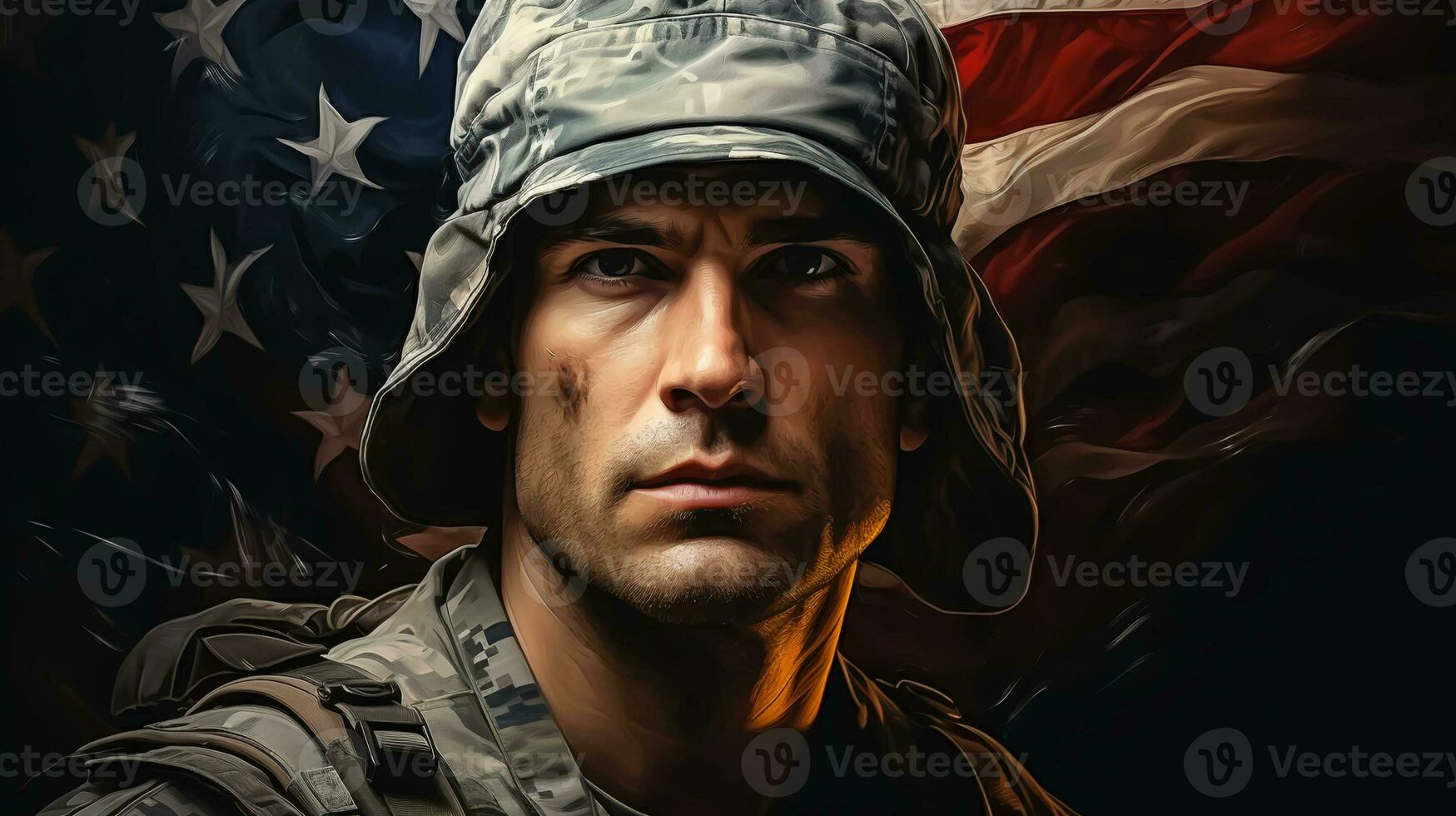 americano militar soldado marina en uniforme en contra el antecedentes de el americano bandera para independencia día foto