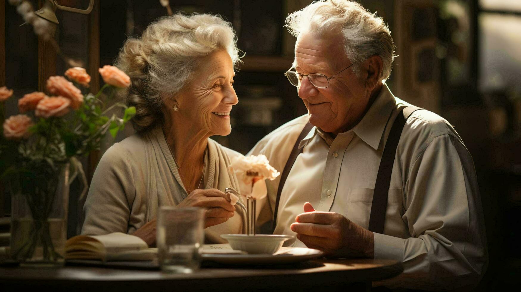 An elderly couple in love, a man and a woman, are sitting at a table, looking at each other with love and smiling photo