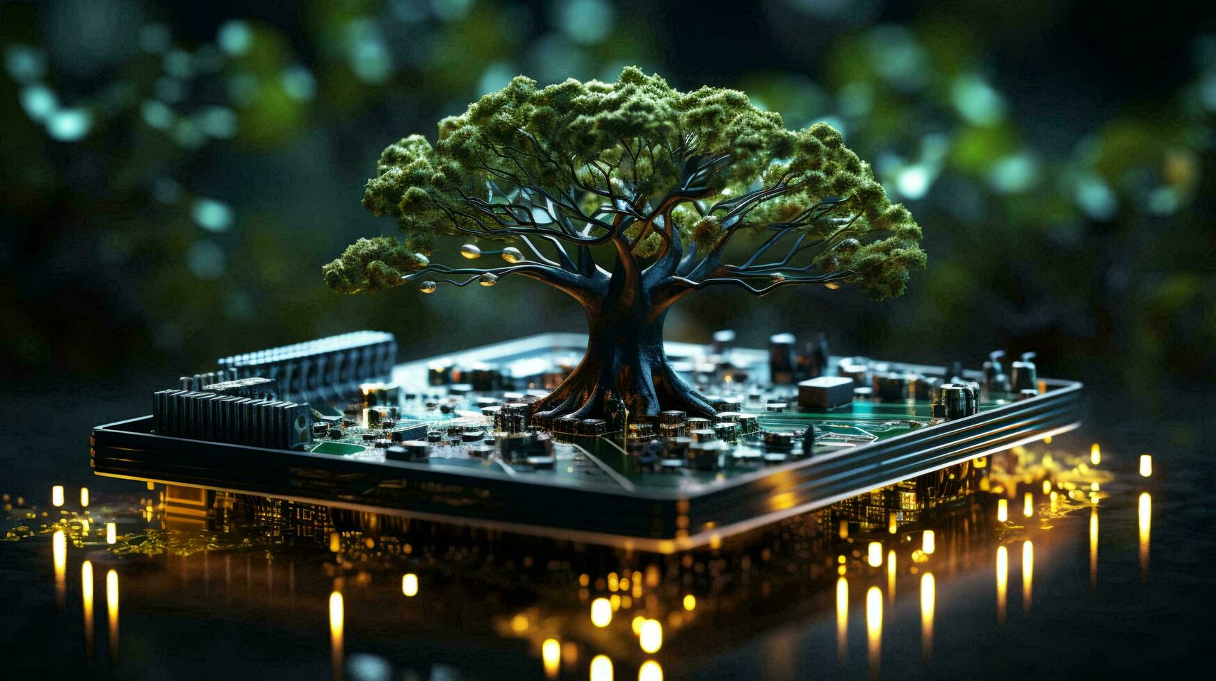 Green natural eco-friendly tree and computer technology on an abstract high-tech futuristic background of microchips and computer circuit boards with transistors photo