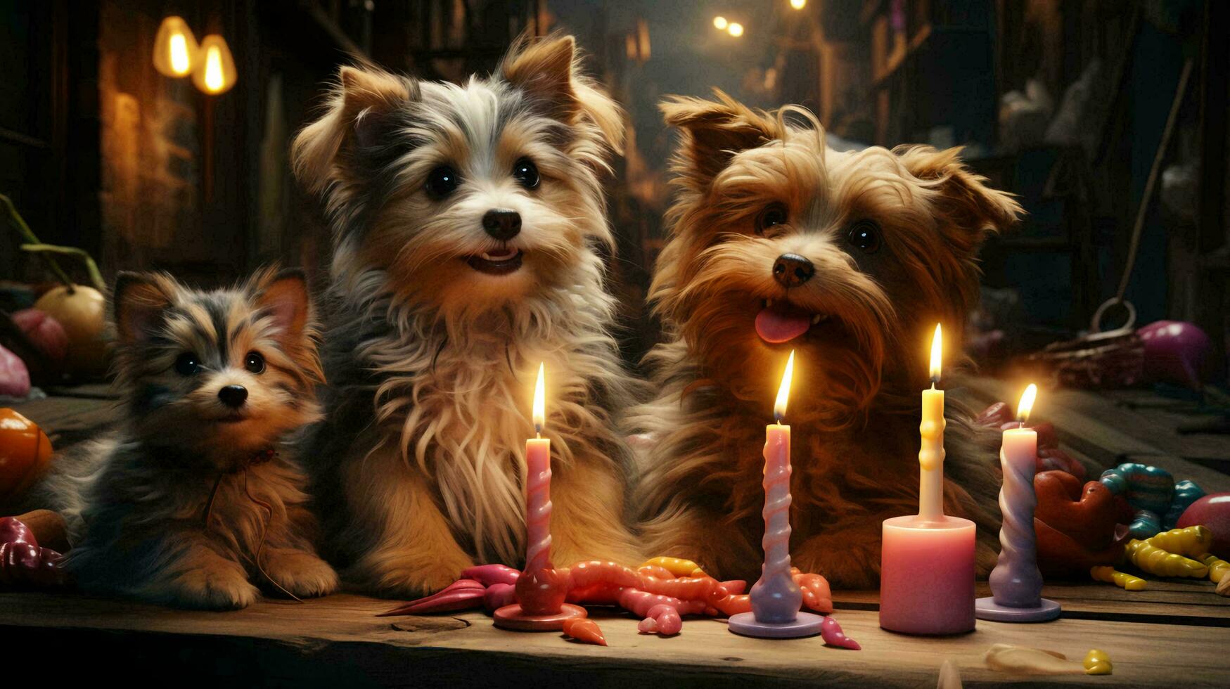 Pets' birthday. Cats and dogs sit near a birthday cake with candles at a birthday party photo