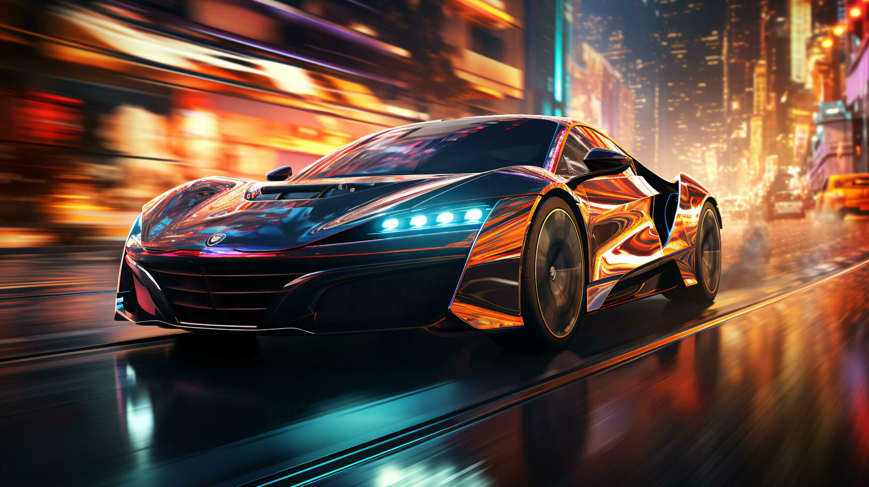 Fast racing car driving in a big city on a blurred background photo