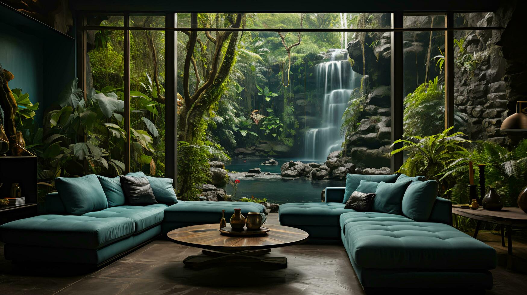 Relaxation room with armchairs and sofas against the backdrop of the jungle and tropical forest photo