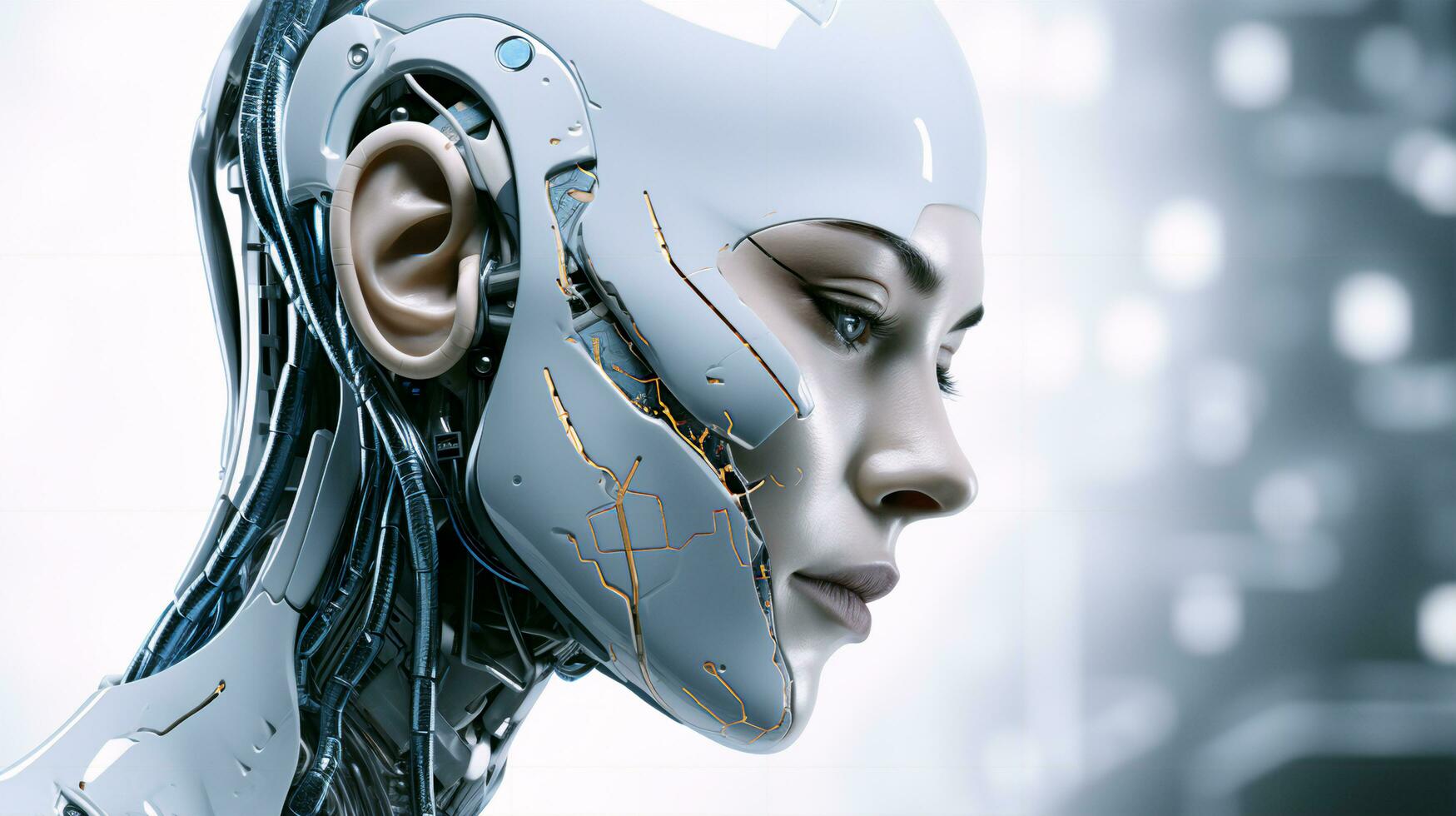 Beautiful face of a futuristic hi-tech cyborg robot woman. Connecting man and computer with artificial intelligence in the future of humanity photo