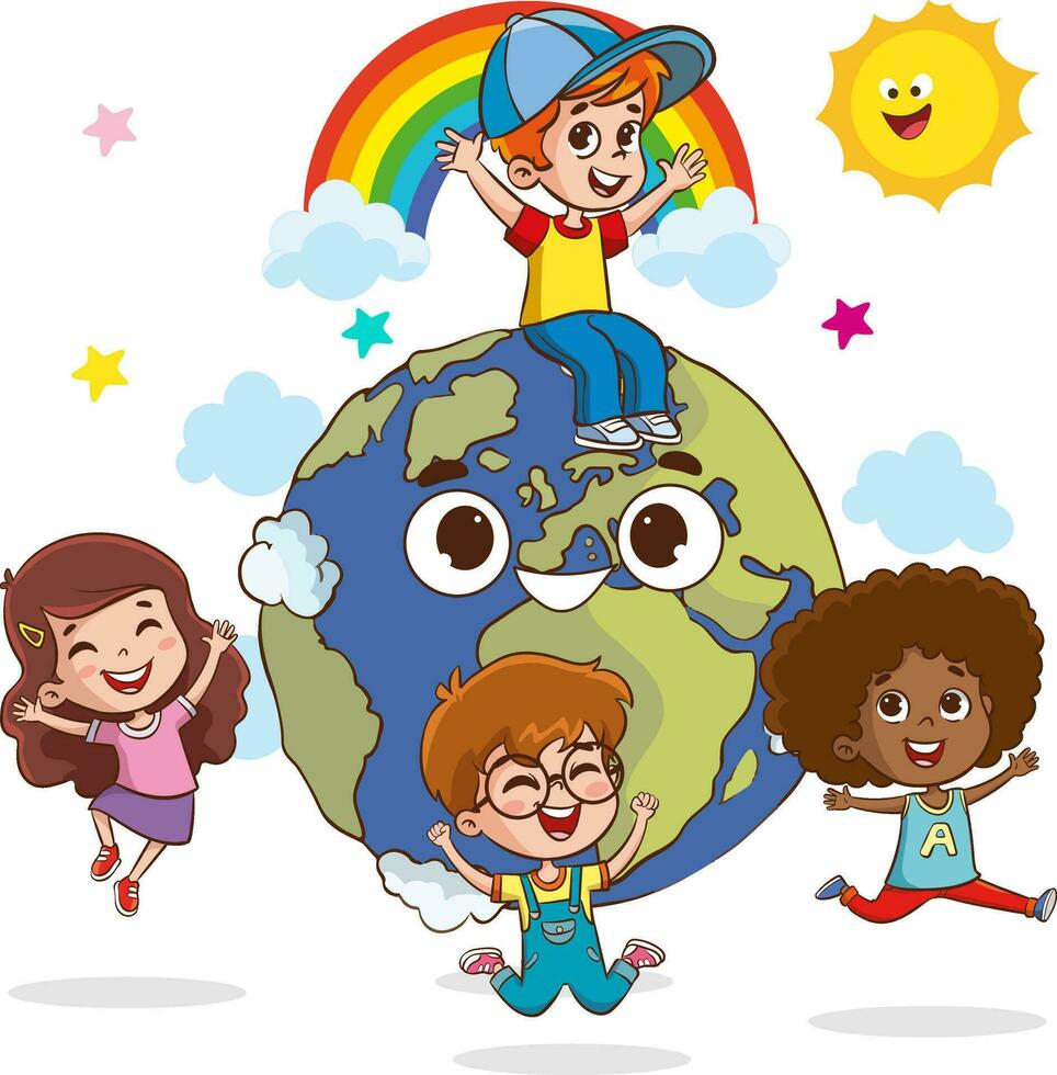 vector illustration of cartoon world and happy kids