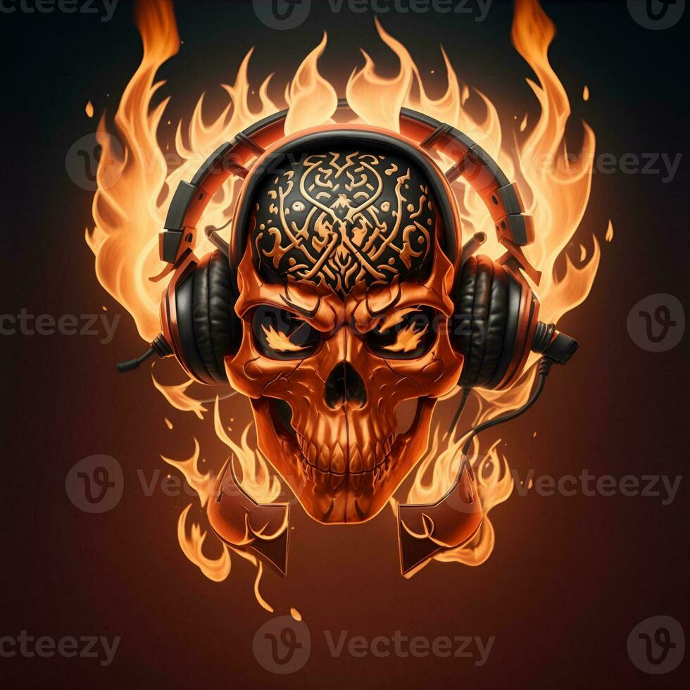 fire skull head wearing gamer head set, esport gaming mascot and logo, AI generated photo