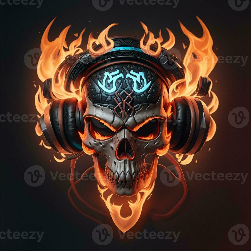 fire skull head wearing gamer head set, esport gaming mascot and logo, AI generated photo