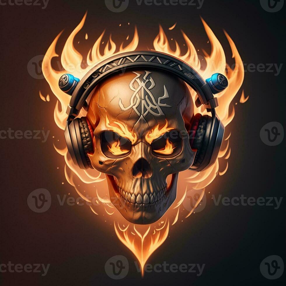 fire skull head wearing gamer head set, esport gaming mascot and logo, AI generated photo