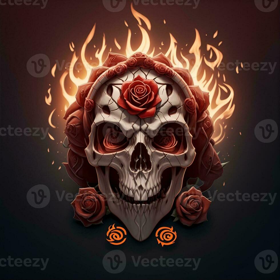 fire mascot skull head and rose, esport game logo, banner, logo. AI generated photo