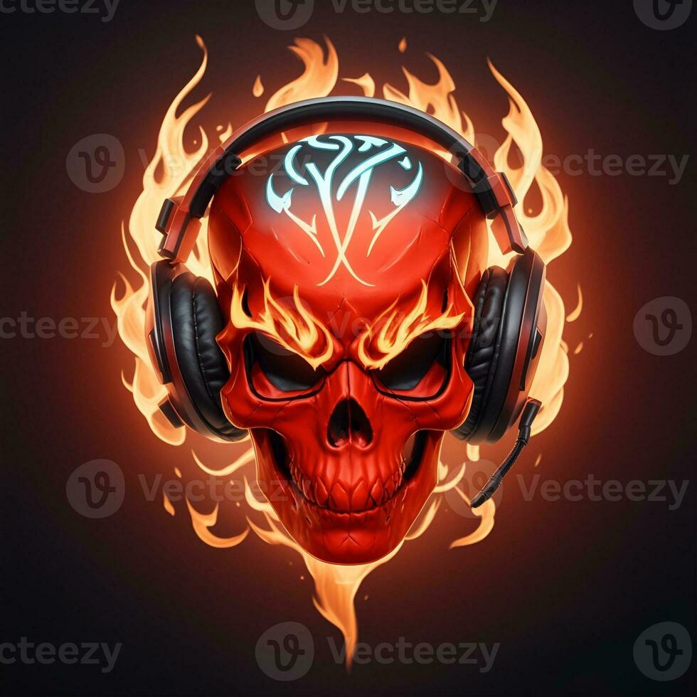 fire skull head wearing gamer head set, esport gaming mascot and logo, AI generated photo