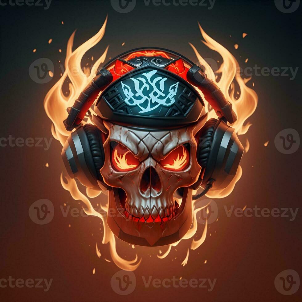 fire skull head wearing gamer head set, esport gaming mascot and logo, AI generated photo