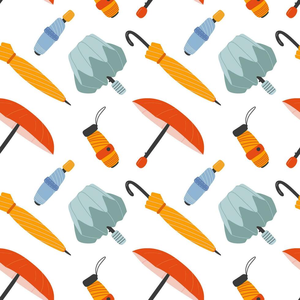 Different umbrellas seamless pattern. Cartoon style autumn umbrellas open and folded pattern on white background vector
