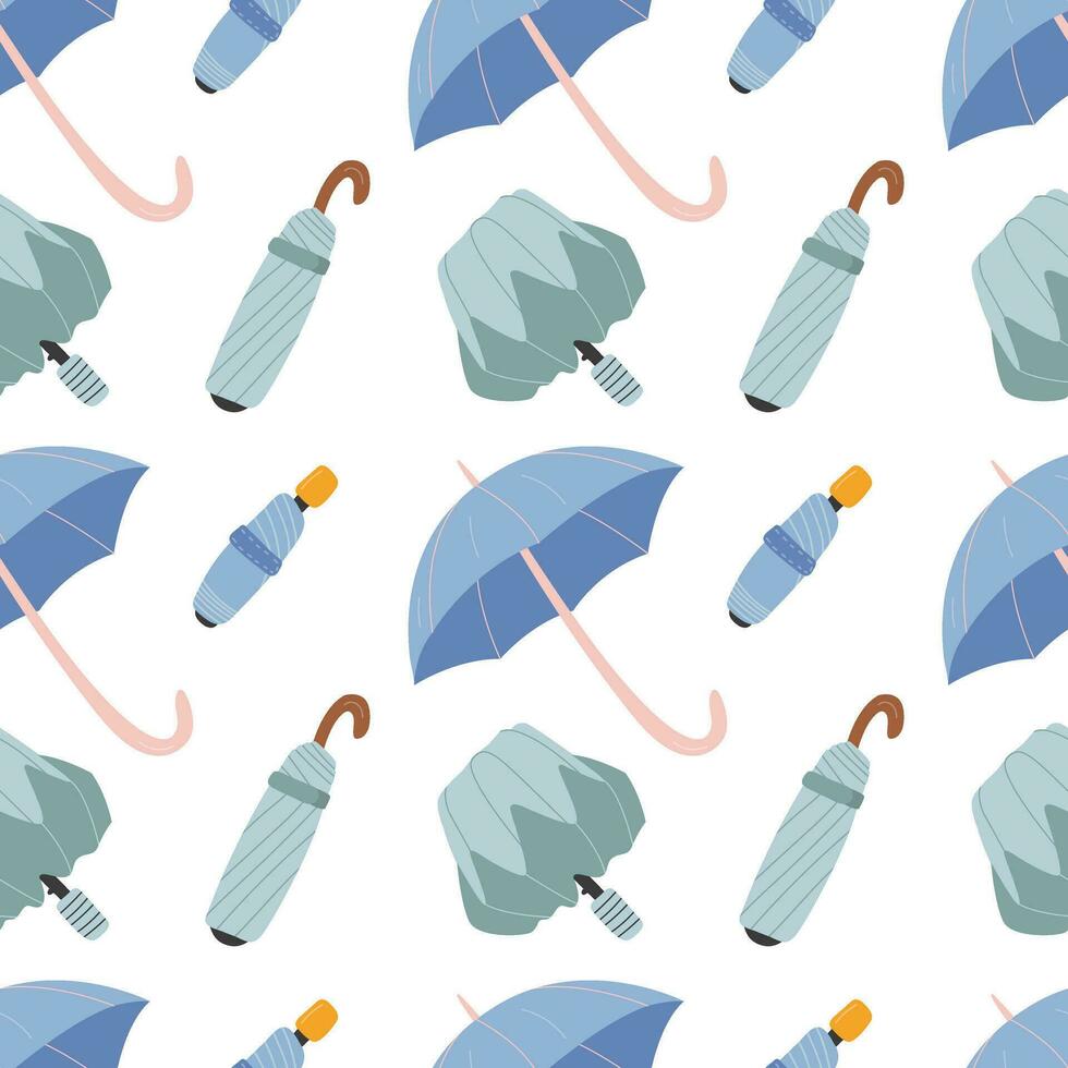 Umbrella closed and open seamless pattern. Vector autumn blue colored pattern with different umbrellas
