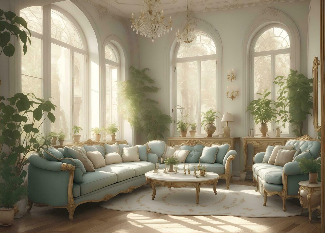 Living room with sofa and wooden floor, AI generated. photo