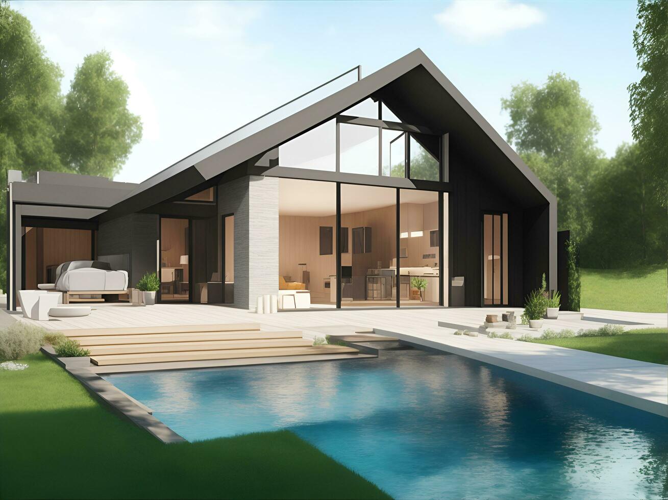 realistic 3D architectural project of a small house with a swimming pool with hydromassage, AI generated photo