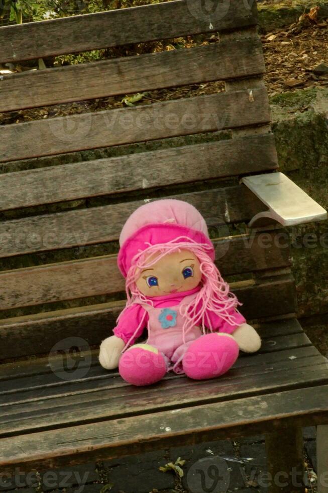 Pink doll on a bench photo