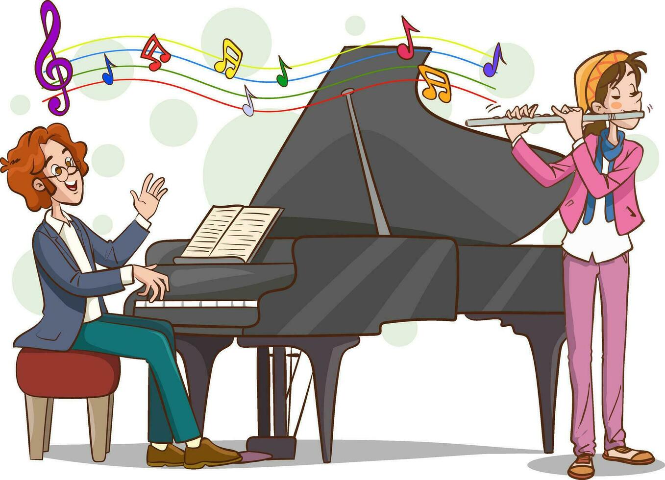 vector ilustración de hombre jugando piano y mujer jugando flauta