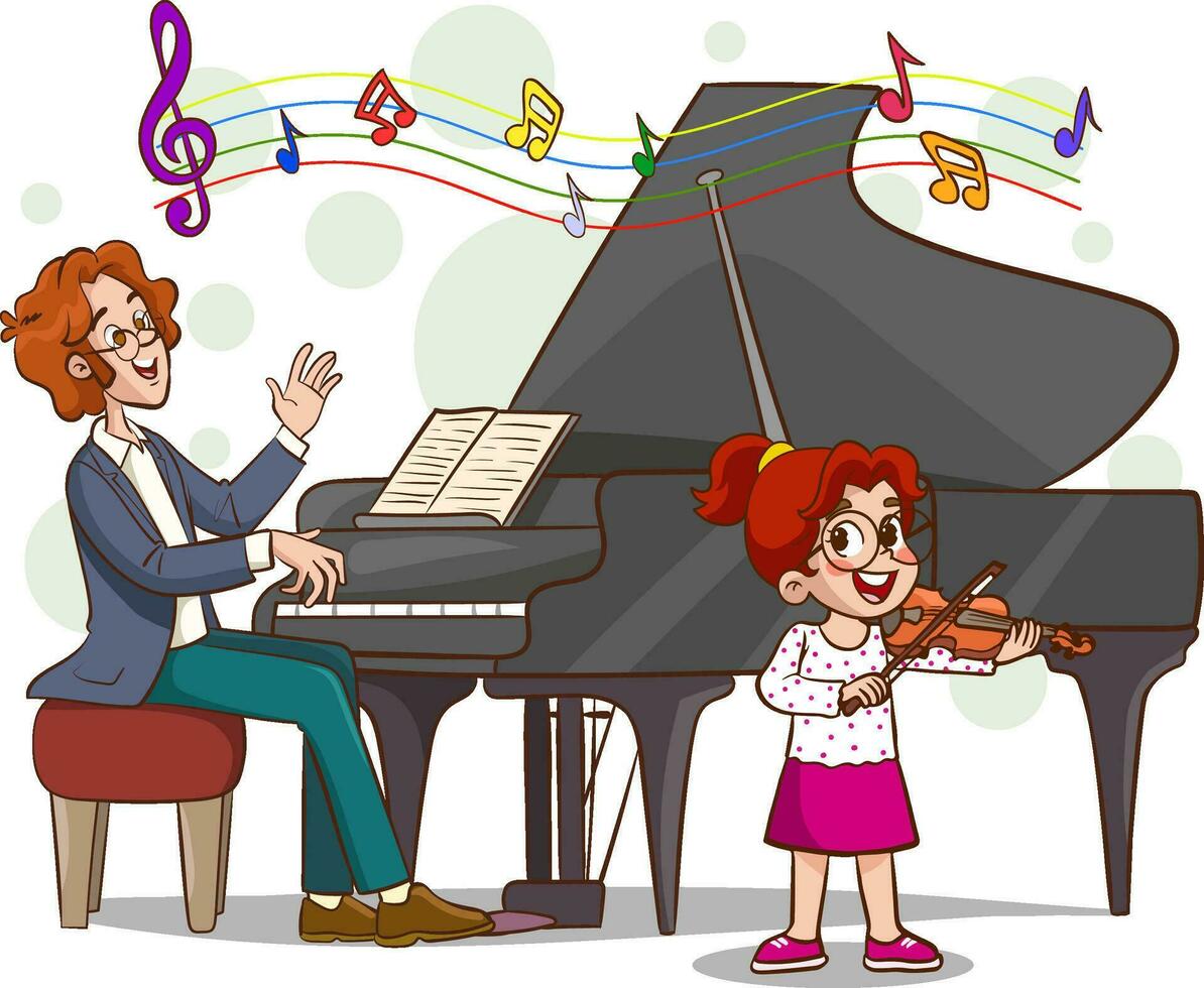 vector illustration of man playing piano and girl playing violin