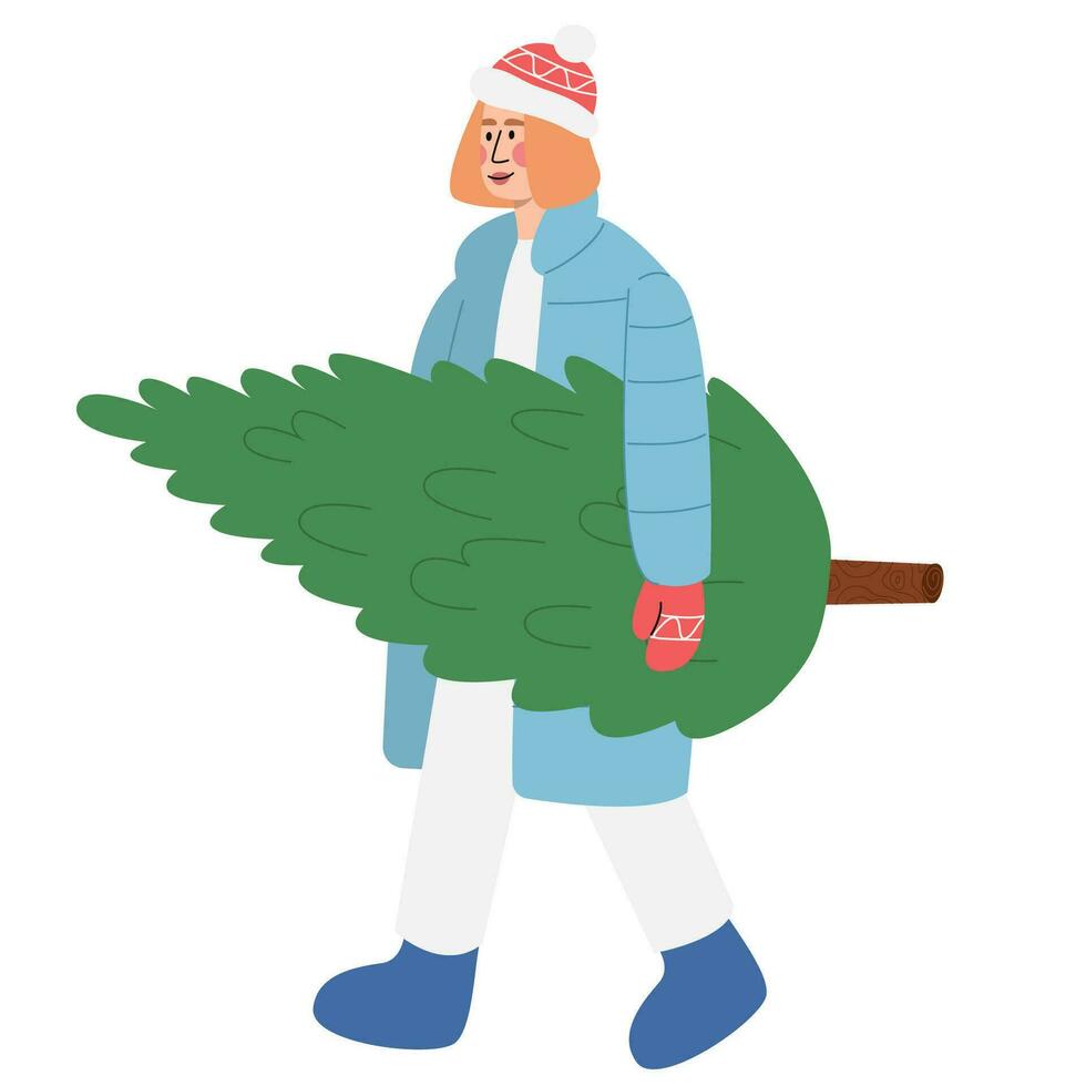 mujer en un Saco y botas lleva un Navidad árbol en su manos. festivo invierno concepto. vector ilustración en sencillo estilo