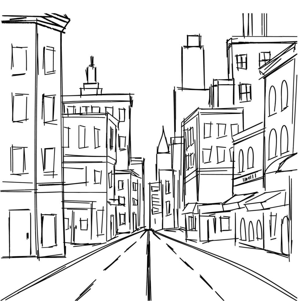 Sketch street square composition. Hand drawn sketch street in city. Outline buildings. Vector illustration.