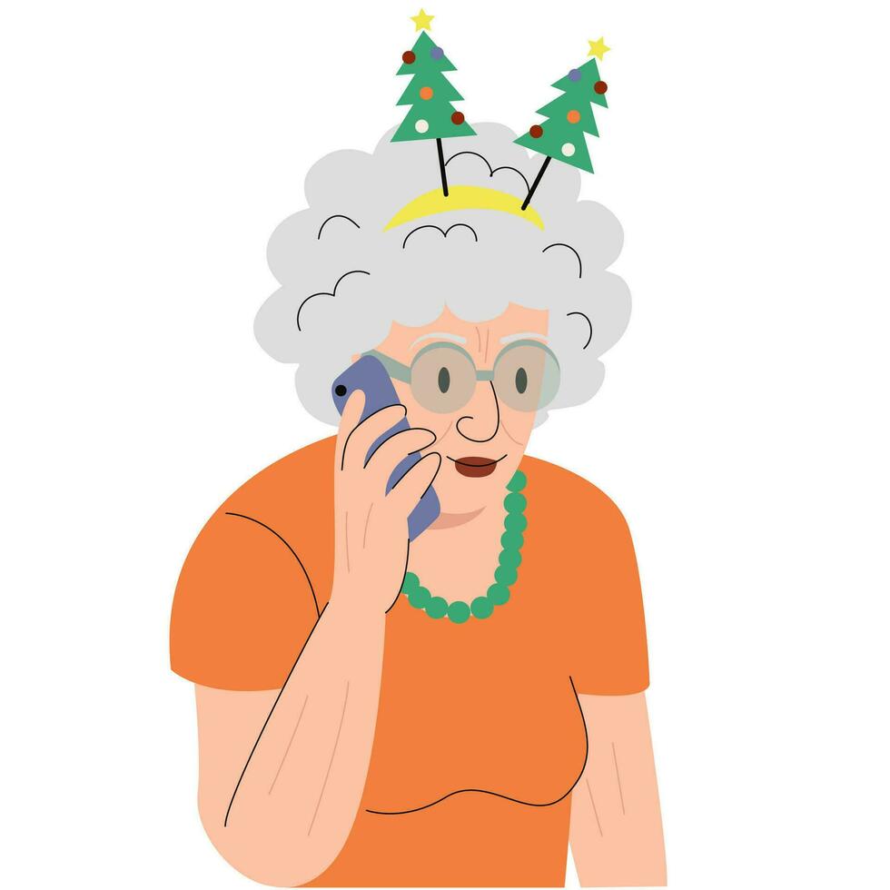 An old woman, a grandmother calls her grandchildren to congratulate them on Christmas vector