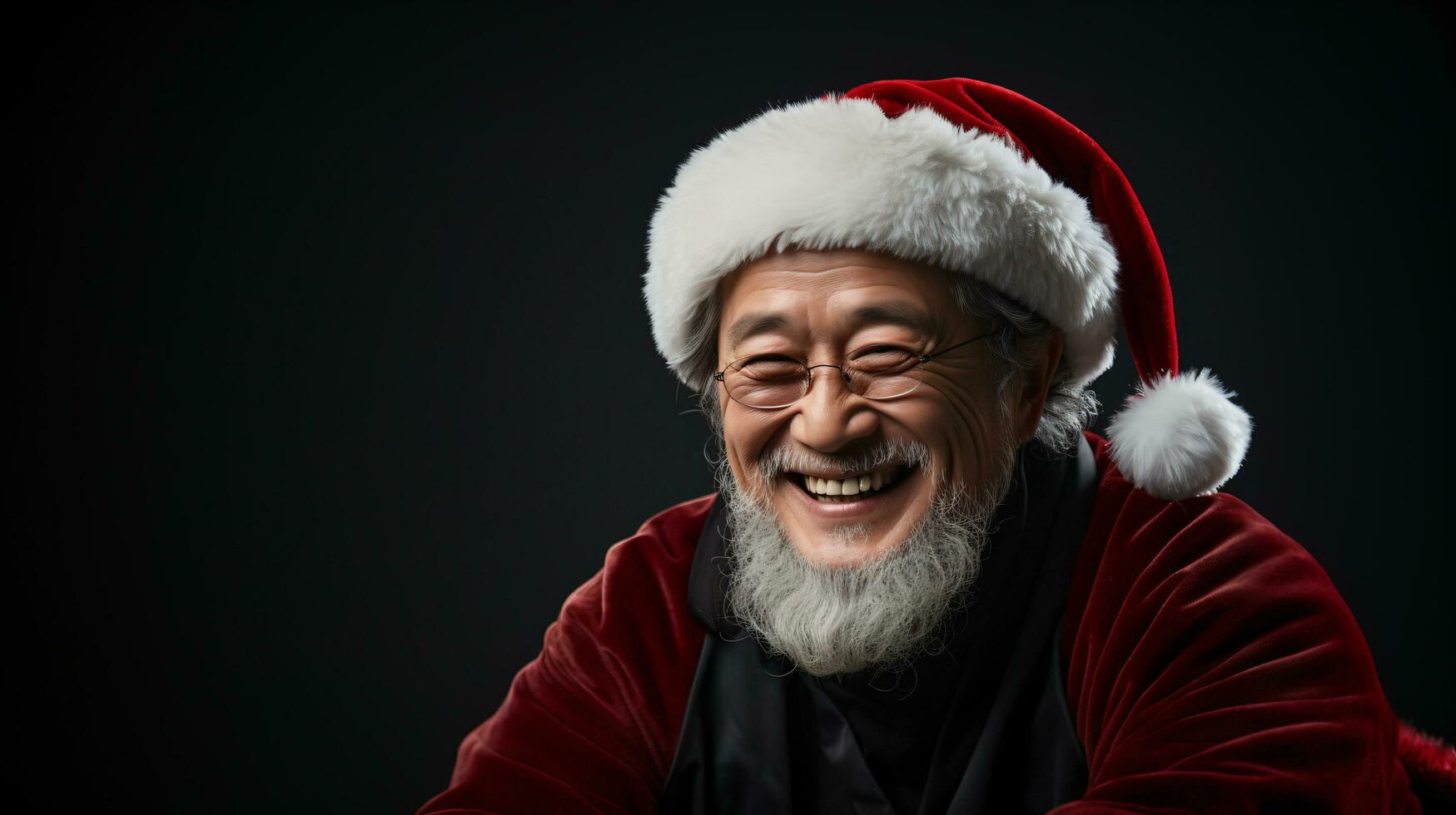 portrait of smiling asian senior man in Santa Claus hat with long white beard looking at camera against dark background photo