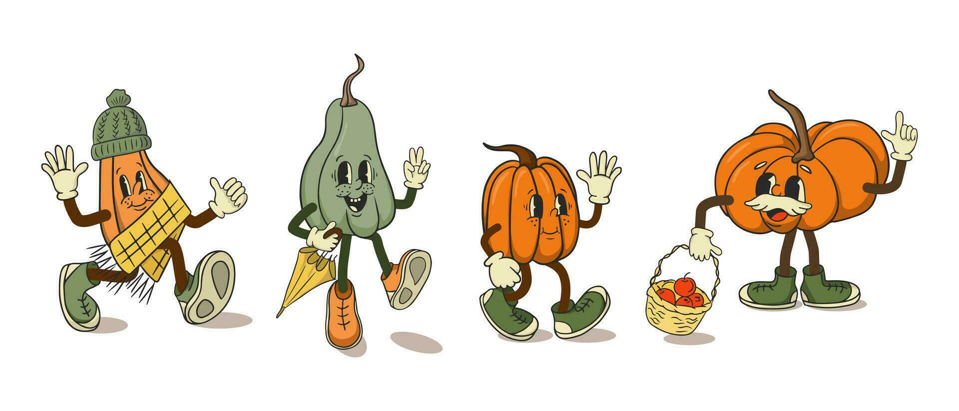 Set of old retro cartoon pumpkin characters. Cute vintage characters in flat style. Vector isolated illustrations on white background. Autumn concept illustration posters, greetings, tshirt print