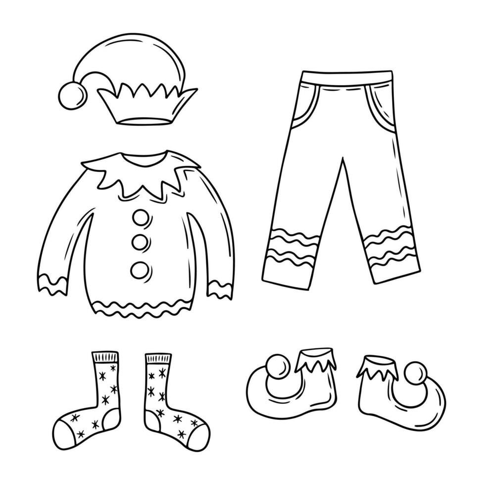 Doodle outline set of elf Christmas clothes. Sketch hand drawn design for coloring pages, stickers, pattern. Black pants, socks, hat, sweater and shoes of Santa Clause assistant on white background vector