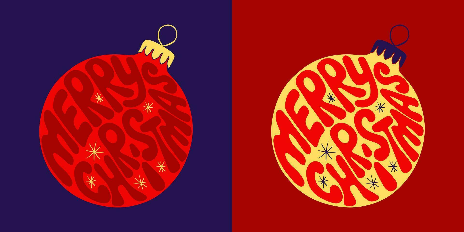 Retro groovy Christmas lettering. Hand drawn slogan Make a Wish in a Christmas ball shape. Trendy print design in retro style for posters, cards, shirt print social media graphics. Holiday composition vector