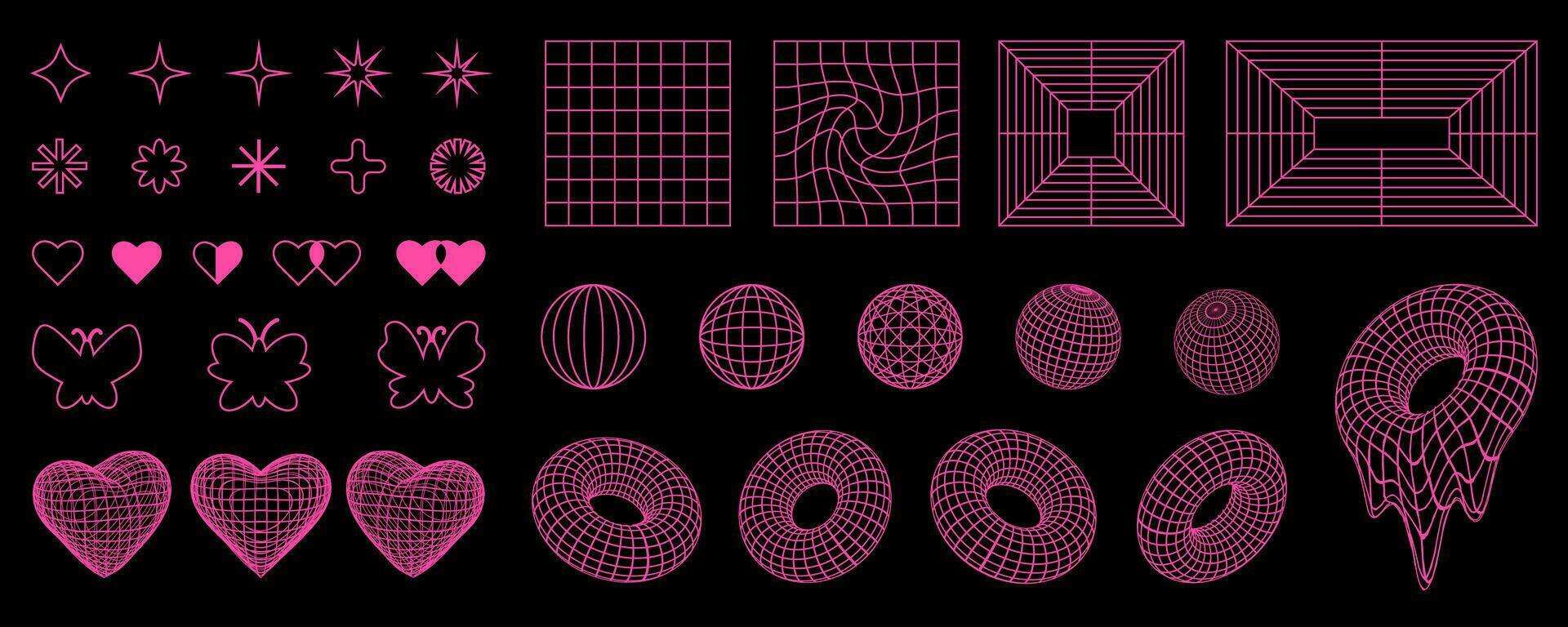 Retro Y2K shapes and 3d wireframes, grids, geometric forms, pink neon crazy design elements in 2000s aesthetic style. vector