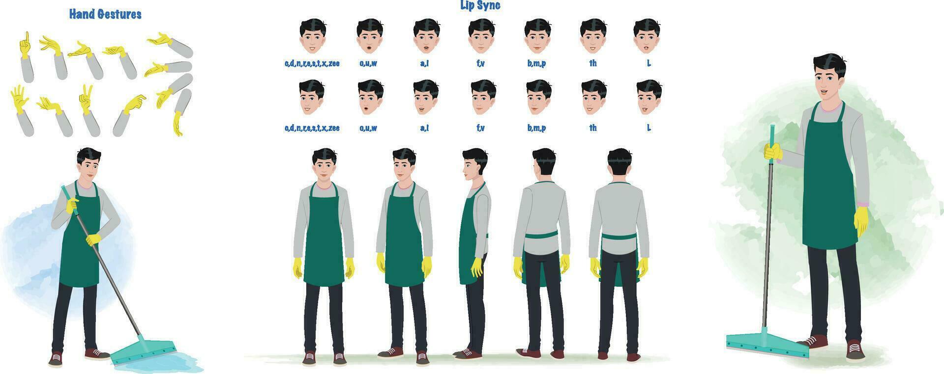A cleaner, cleaning service model sheet, creation set. receptionist turnaround sheet, hand gestures, lip sync vector
