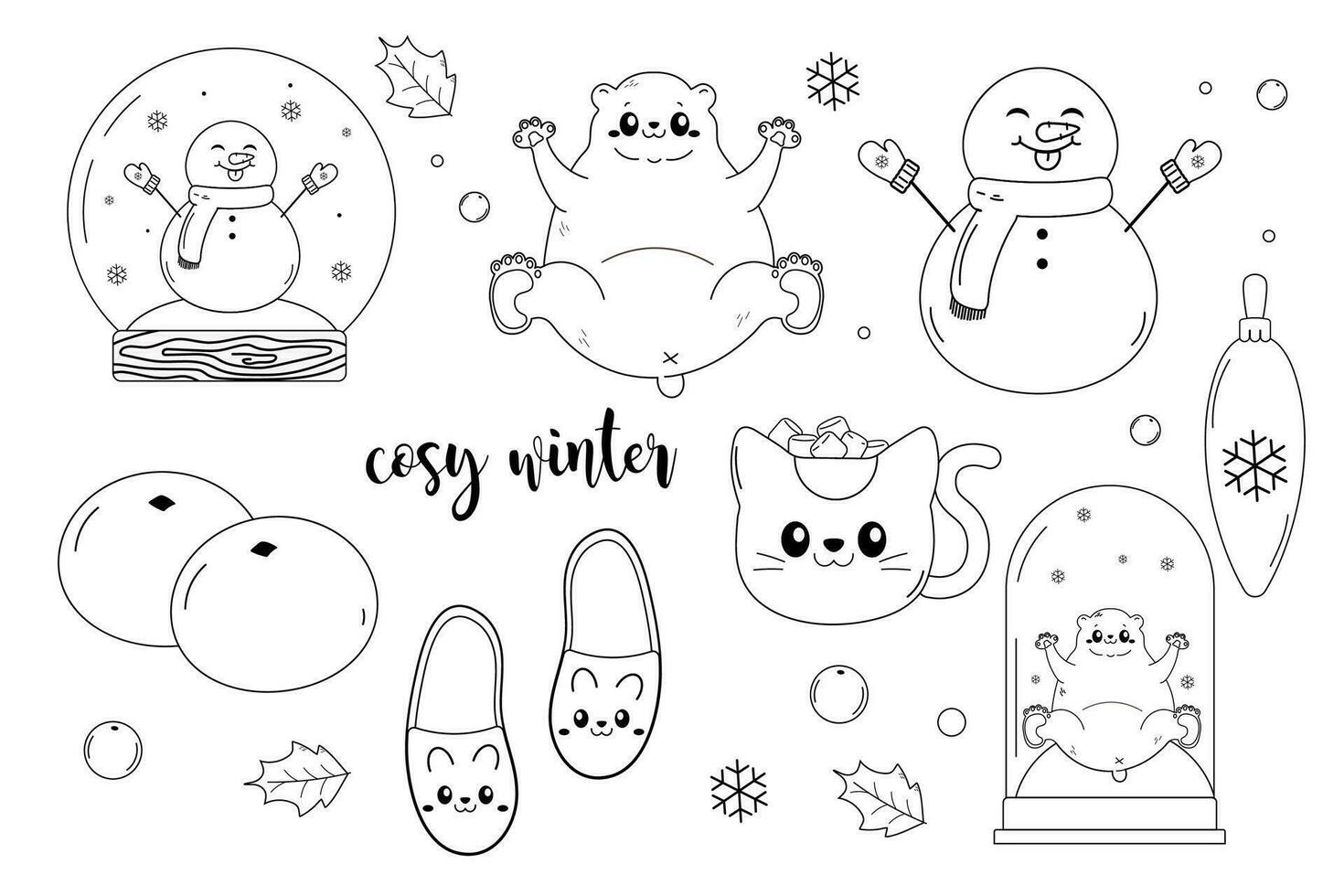 acogedor invierno conjunto clipart, polar oso, nieve globo, mandarinas, muñeco de nieve, zapatillas. vector