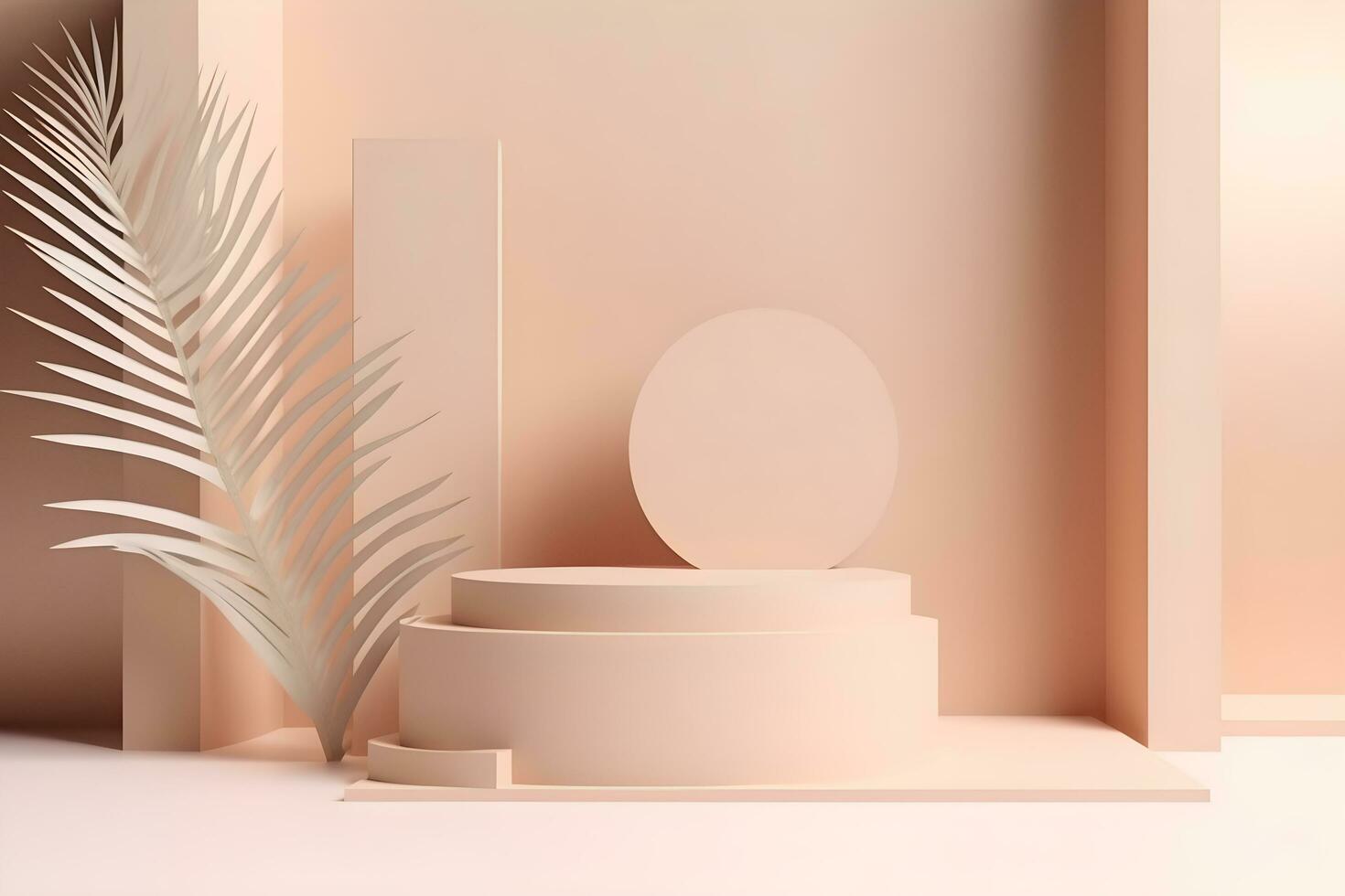 3D background, pedestal podium with plants branches. Pastel display showcase set for Beauty, Cosmetic product presentation template. Geometric minimal 3D render mockup. AI generated. photo