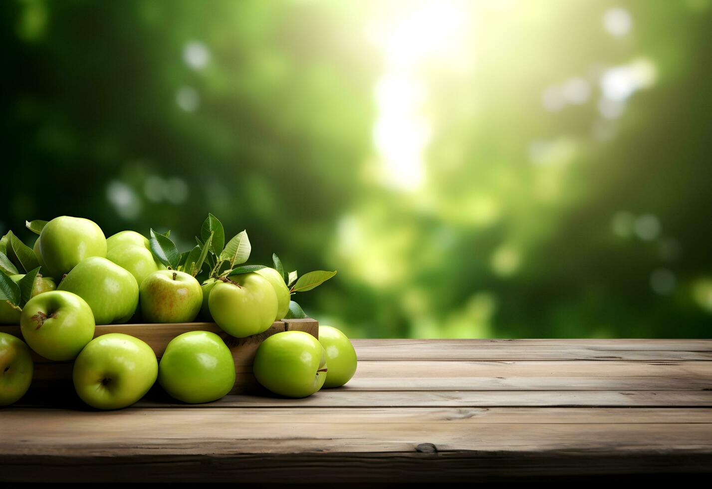 de madera mesa con verde manzanas frutas y gratis espacio en naturaleza borroso antecedentes. generado ai. foto