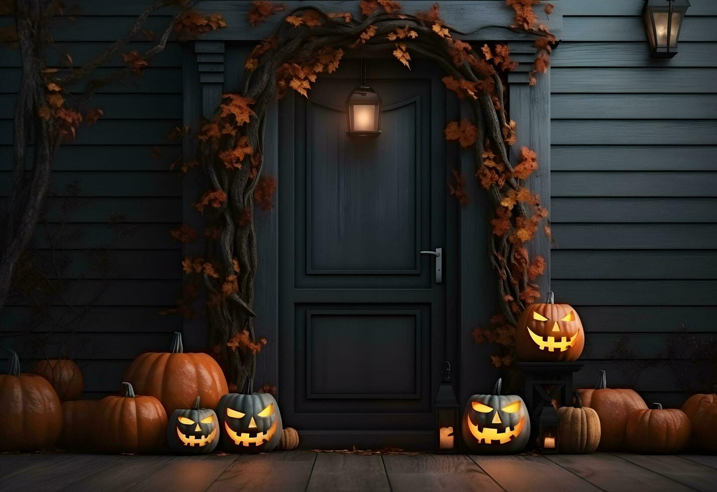 Halloween or Thanksgiving day decorated house door with spooky pumpkins and autumn holiday decoration. Generated AI. photo