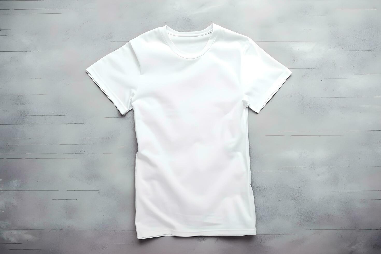 White women t-shirt mockup on dark concrete background. Design t shirt template, print presentation mock up. Top view flat lay. AI generated. photo