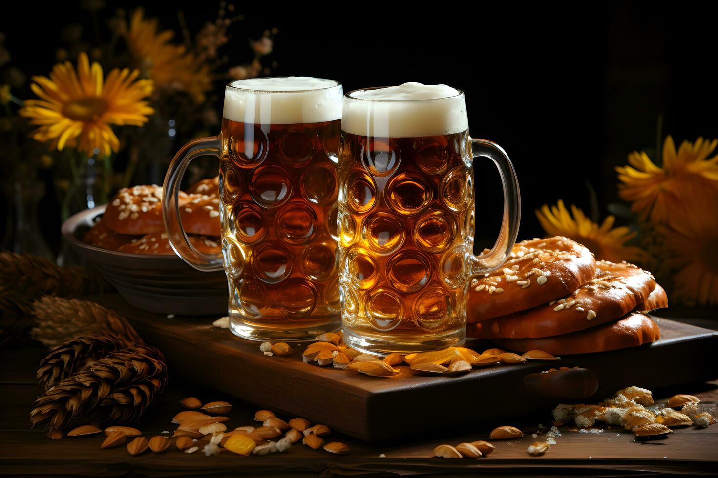 Oktoberfest beer mugs and pretzels on a wooden table, dark cozy background. photo