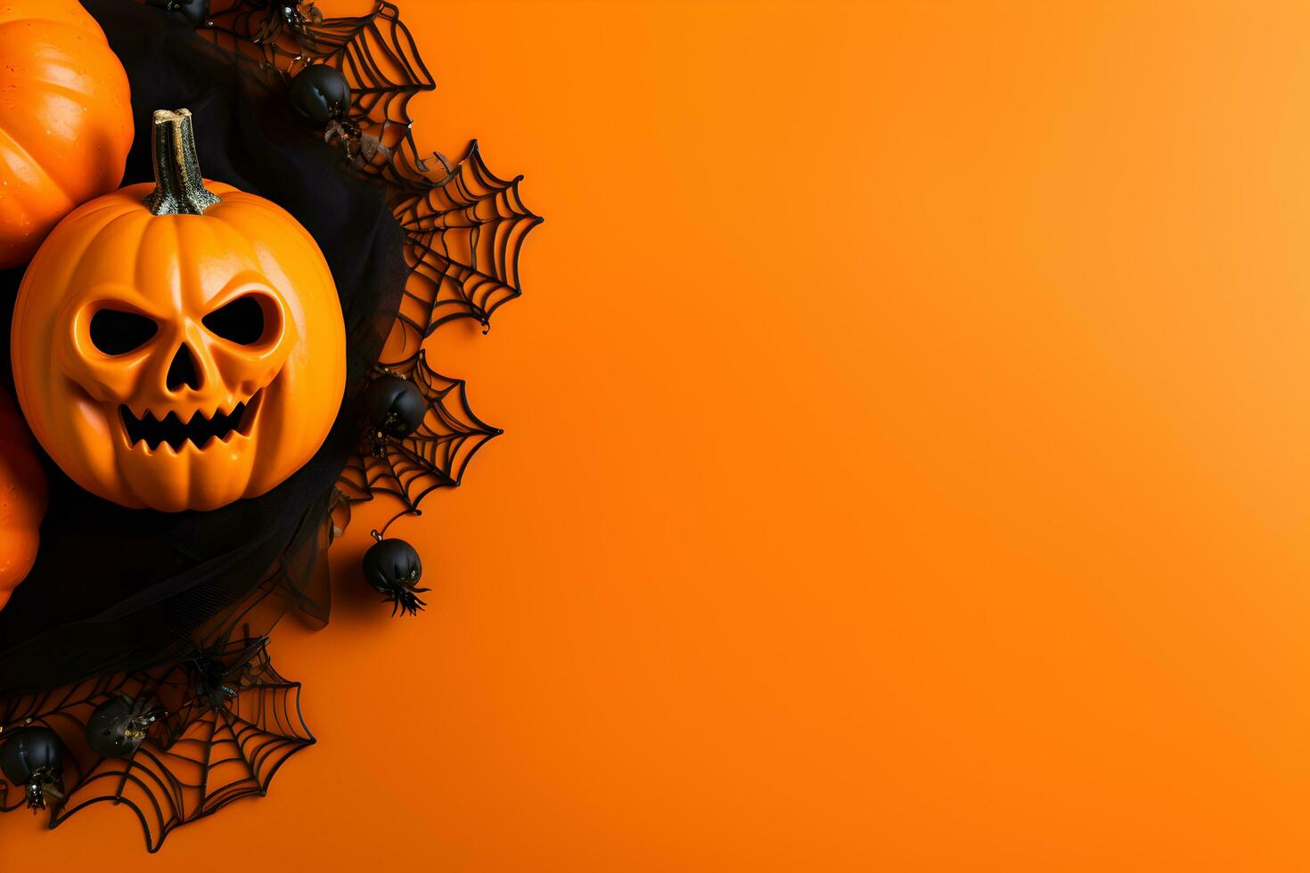 Happy halloween flat lay mockup with pumpkins and spiderweb on orange background. Autumn holiday concept composition. Top view with copy space. Generated ai. photo