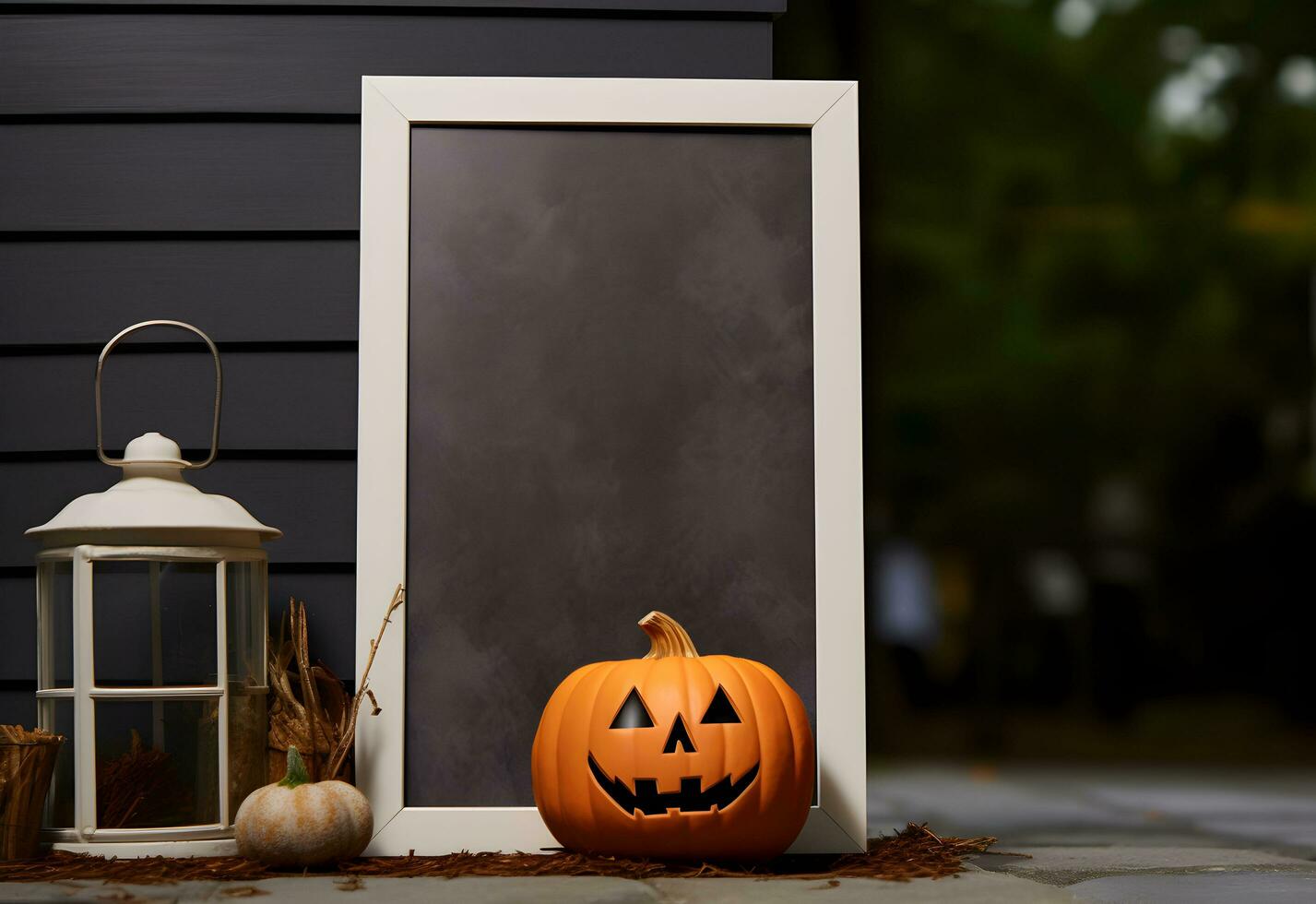 Halloween welcome signboard mockup with pumpkins, lantern and fallen leaves. Black board with autumn holiday decoration with copy space. Generated AI. photo