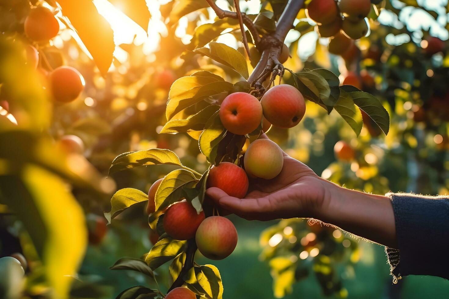 Close up of farmer male hands picking red apples fruits. Organic food, harvesting and farming concept. Generated AI. photo