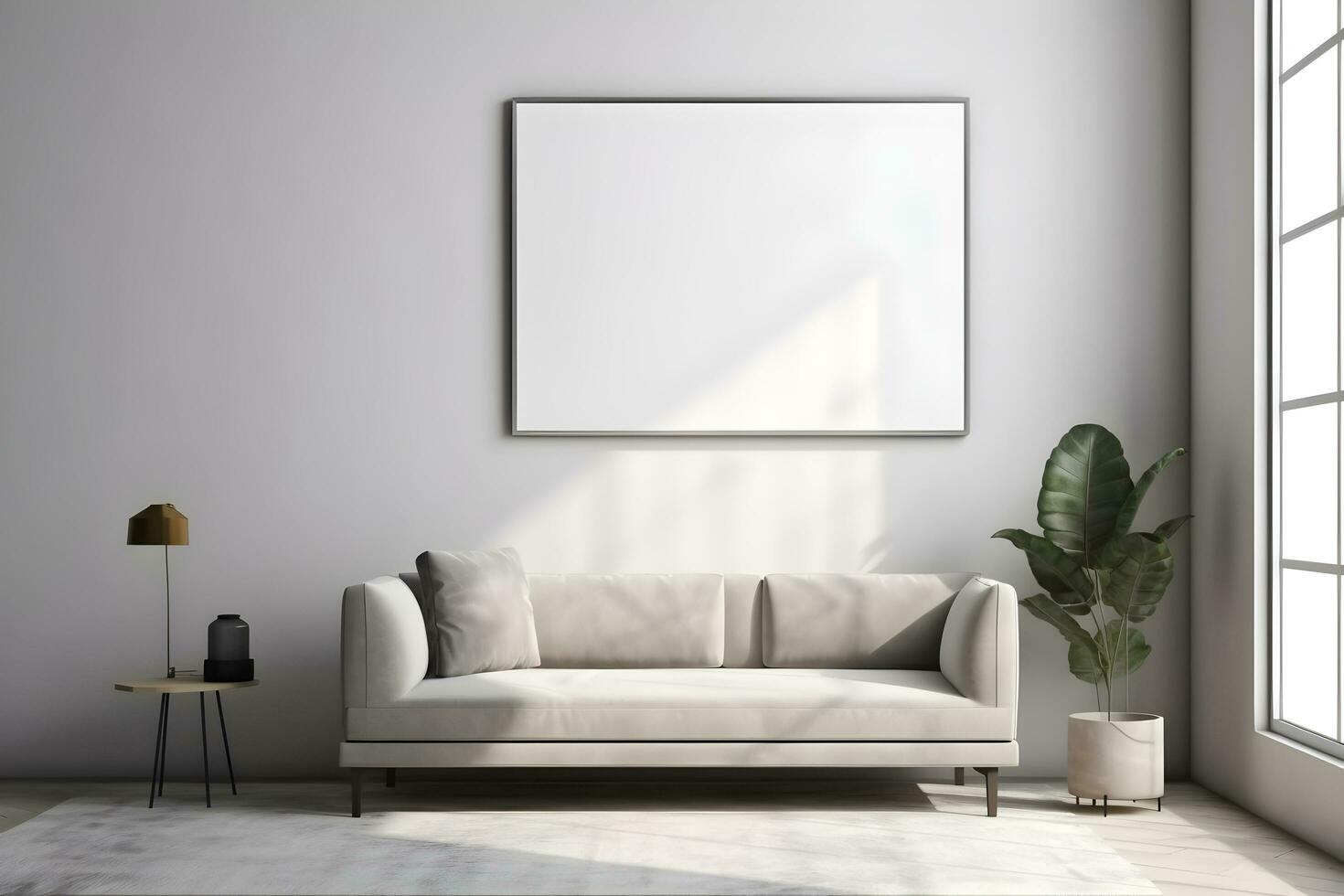 Rectangular frame poster mockup, on light concrete wall in living interior with modern boho furniture and big window, century gray sofa, scandinavian style interior decoration. Generated AI. photo