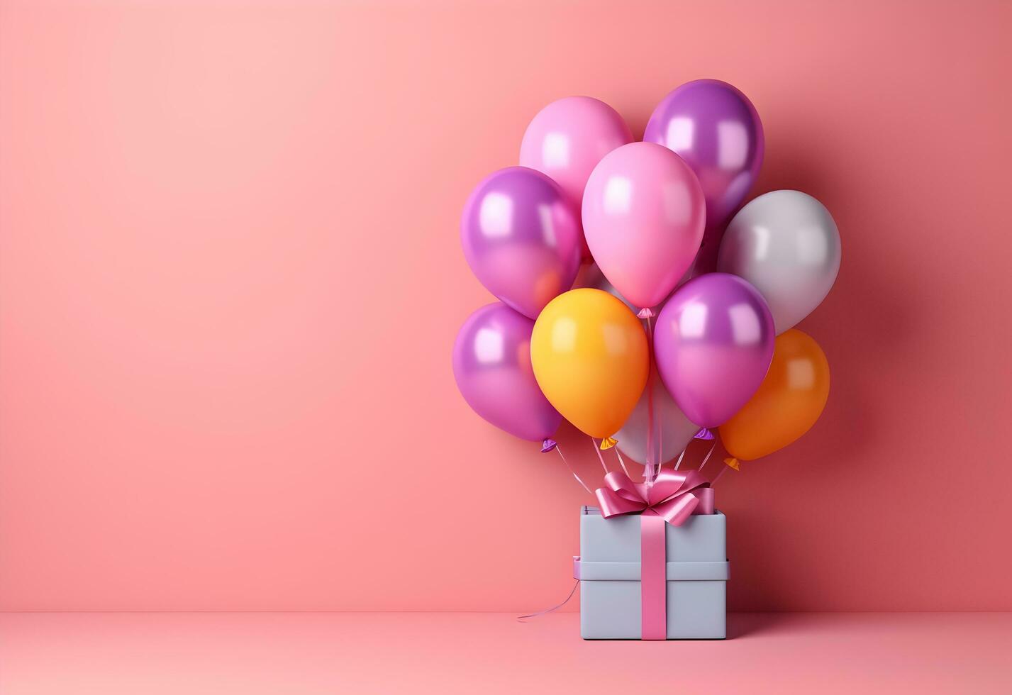 vistoso globos manojo atado con un regalo caja en un rosado pared antecedentes con Copiar espacio. cumpleaños, boda, fiesta o celebracion concepto. generado ai. foto