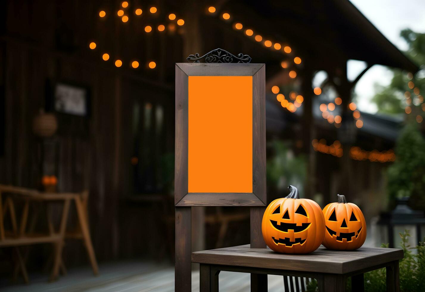 Halloween welcome signboard mockup with pumpkins. Blank board with autumn holiday decoration with copy space. Generated AI. photo