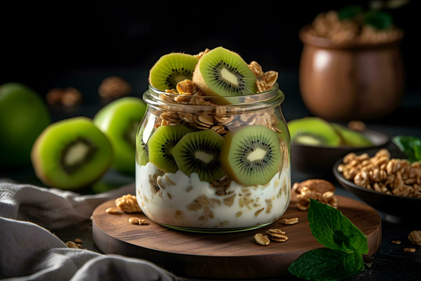 Yogurt granola parfait with sliced nuts and fresh kiwi fruits in a glass jar on dark background. Generative AI. photo