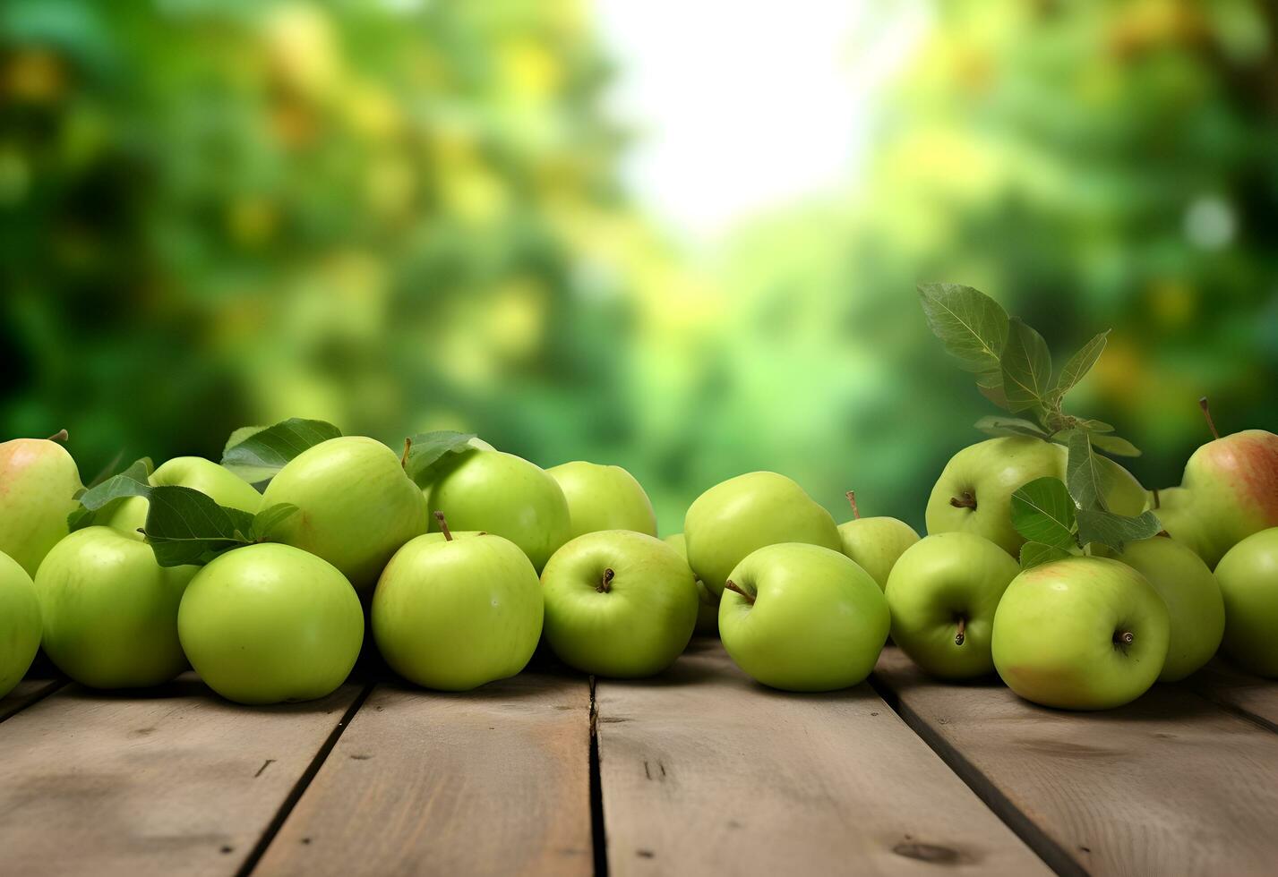 Wooden table with green apples fruits and free space on nature blurred background. Generated AI. photo