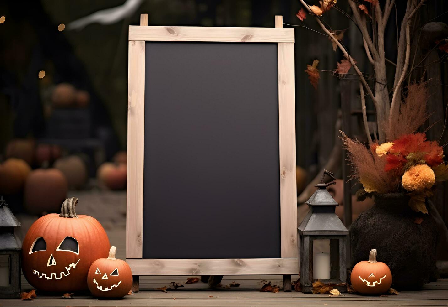 Halloween welcome signboard mockup with pumpkins, lantern and fallen leaves. Black board with autumn holiday decoration with copy space. Generated AI. photo