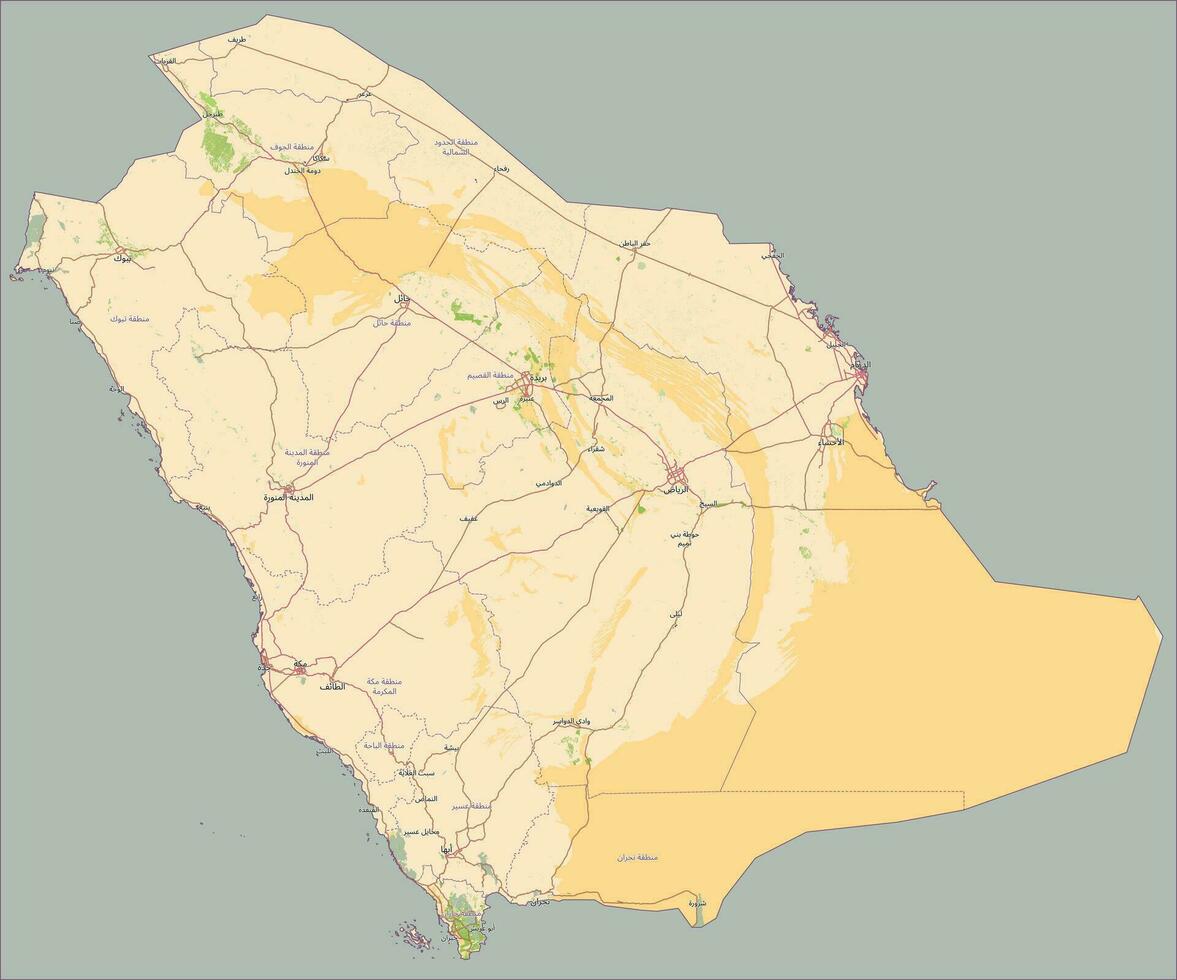 saudi arabia mapa con etiquetas en Arábica vector