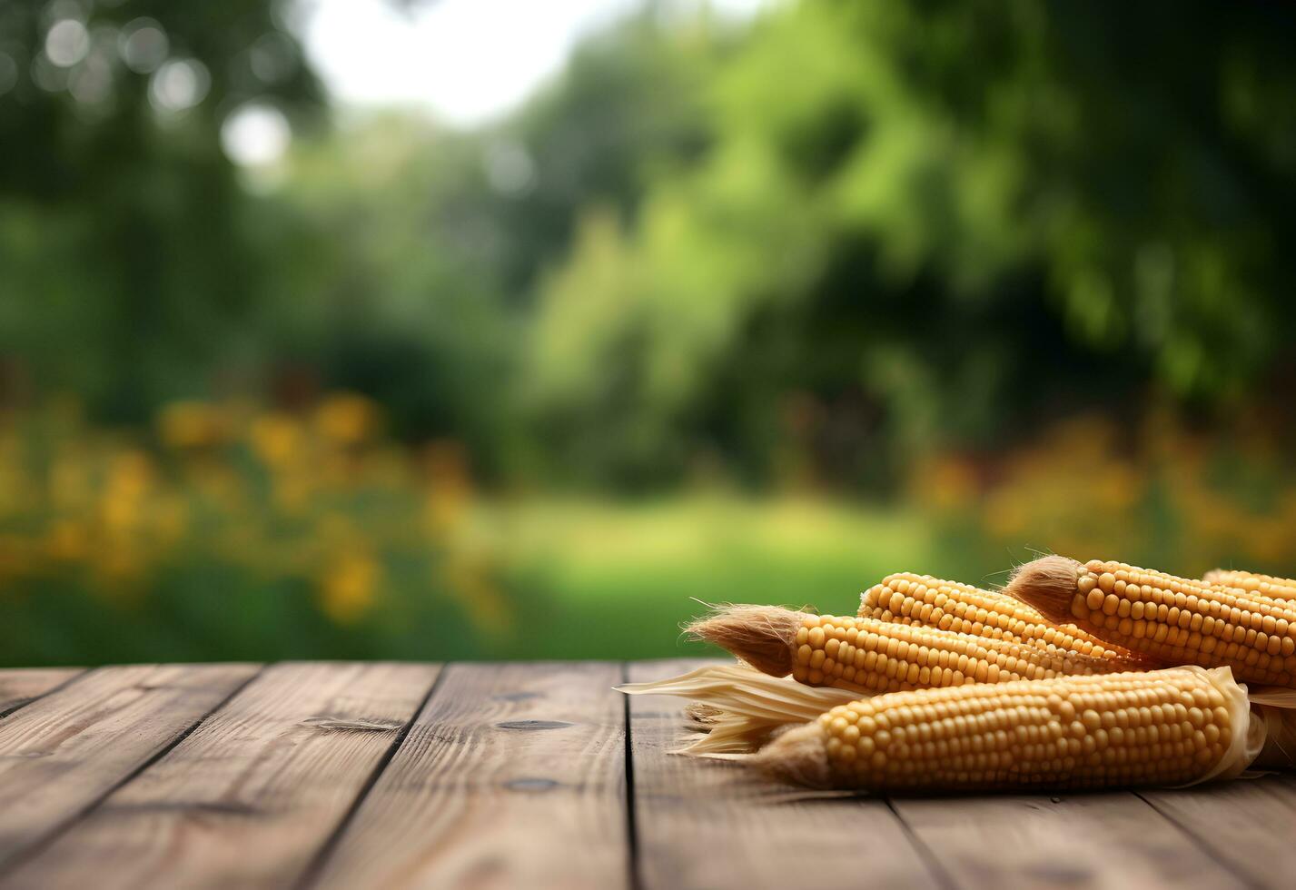 Wooden table with corn on cobs and free space on nature blurred background. Generated AI. photo