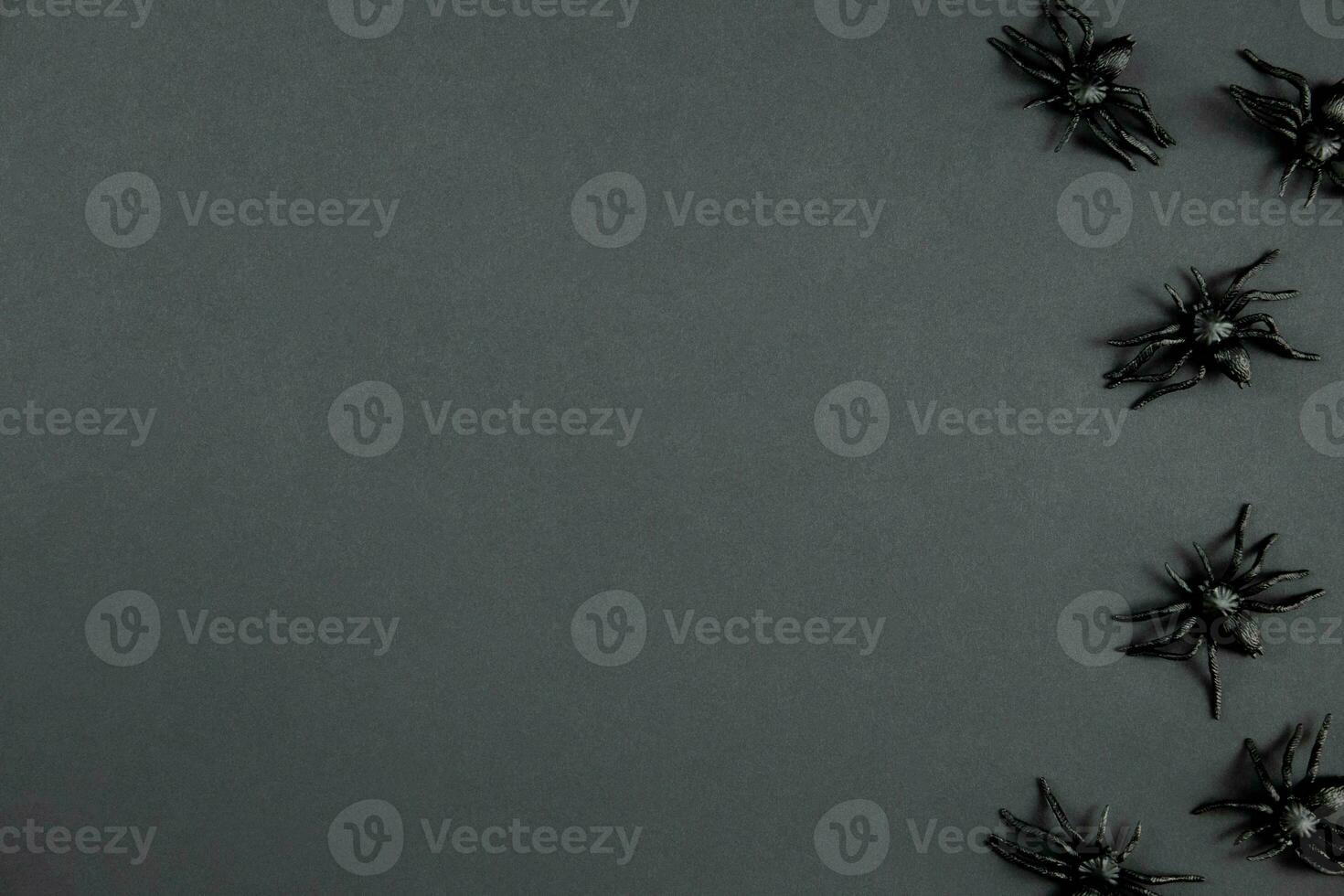 Happy halloween flat lay composition with black spiders on dark background. Holiday concept. Top view. Copy space. photo