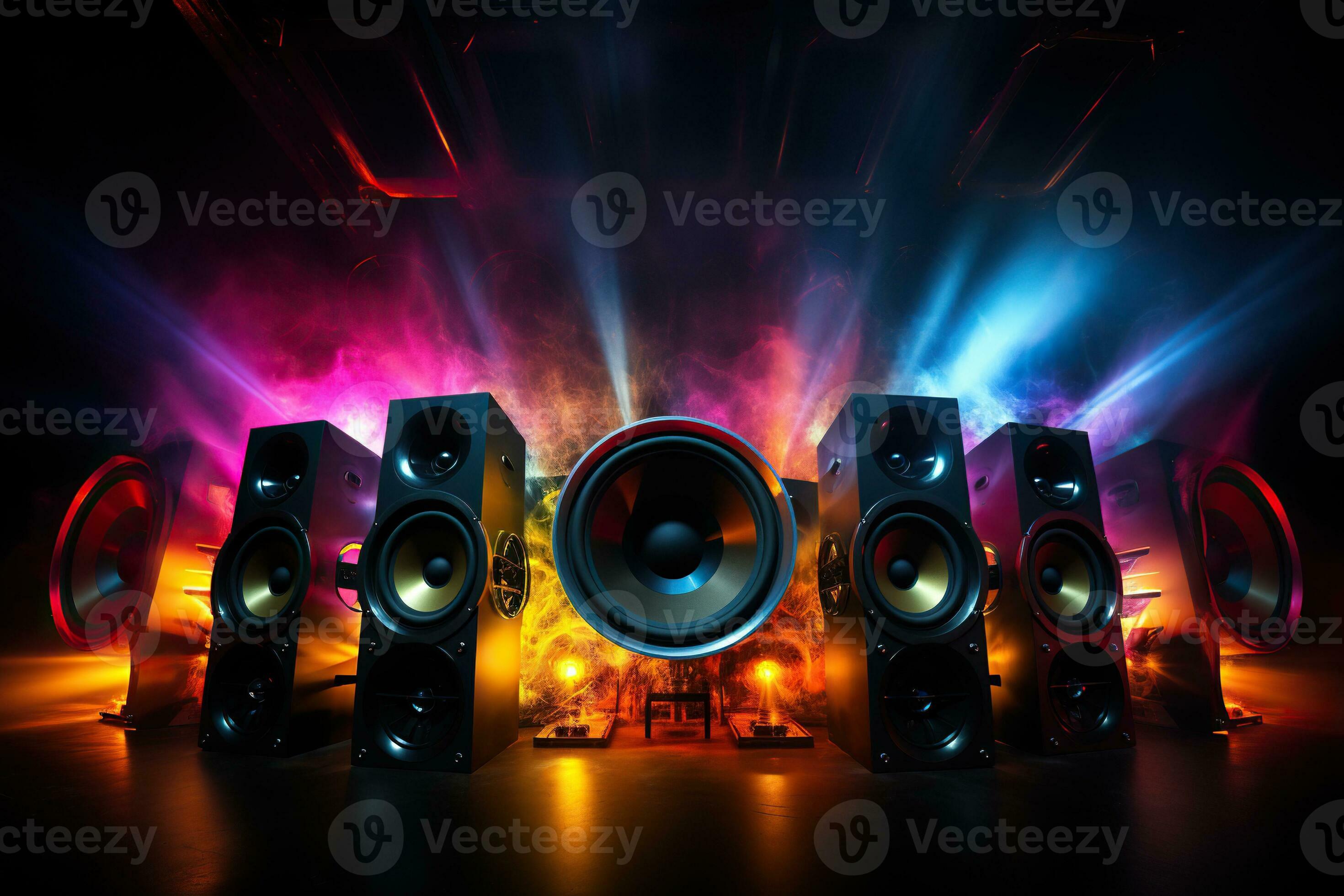 Multimedia acoustic speakers with neon lighting. Sound audio system in the bright rays of