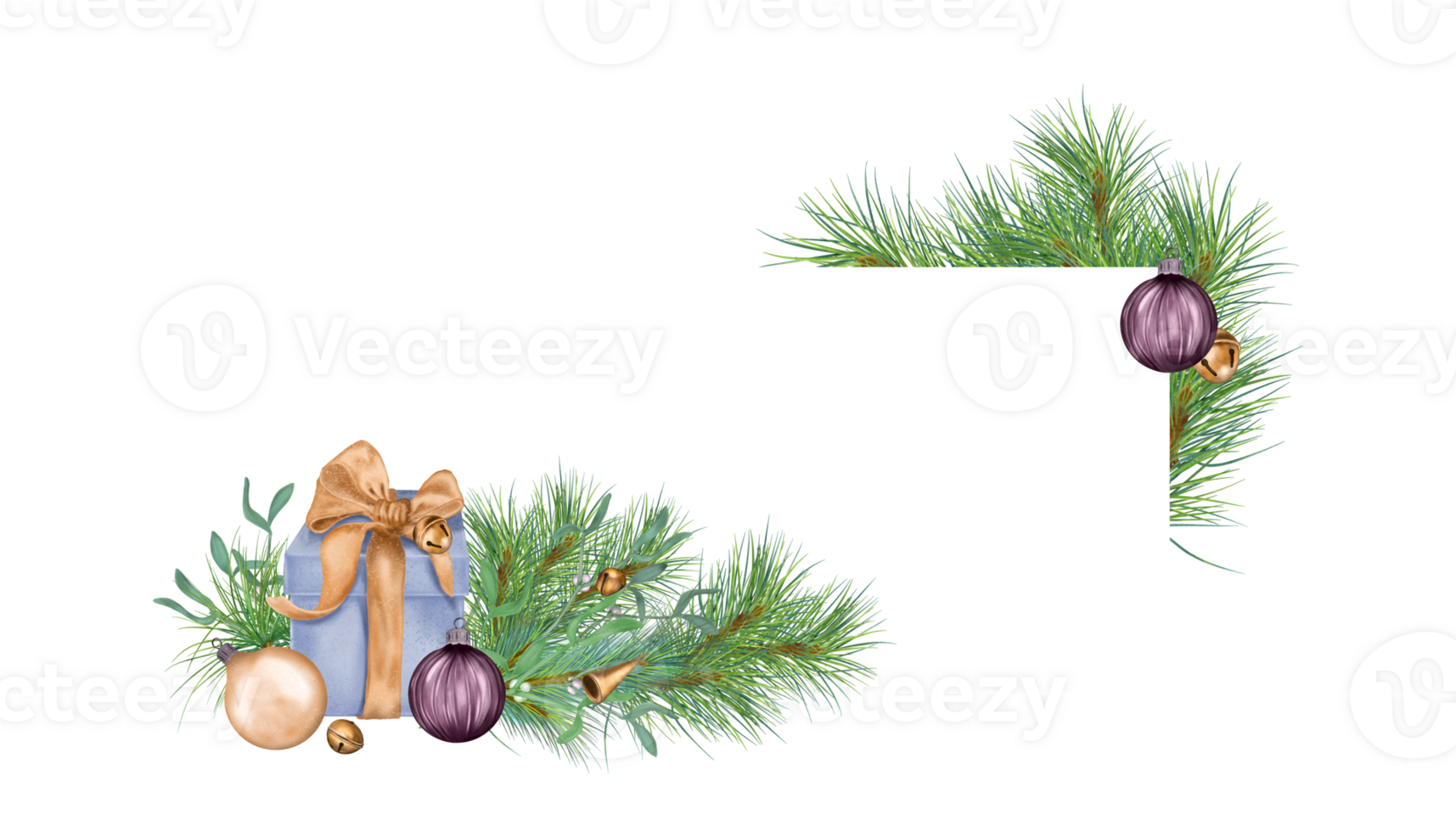 Frame of Christmas tree with balls, gift and bells digital illustration. Spruce decoration, present box hand drawn. Element for Christmas card, new year web banner, holiday package. png